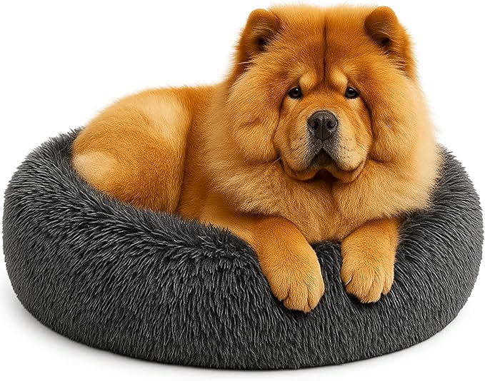 Calming Dog Bed - Fluffy Donut Cuddler for Anxiety Relief, Orthopedic Pet Bed with Non-Slip Bottom, Cozy Round Faux Fur Nest for Dogs and Cats, Plush Crate Mat for Comfort (Dark Grey, Large)