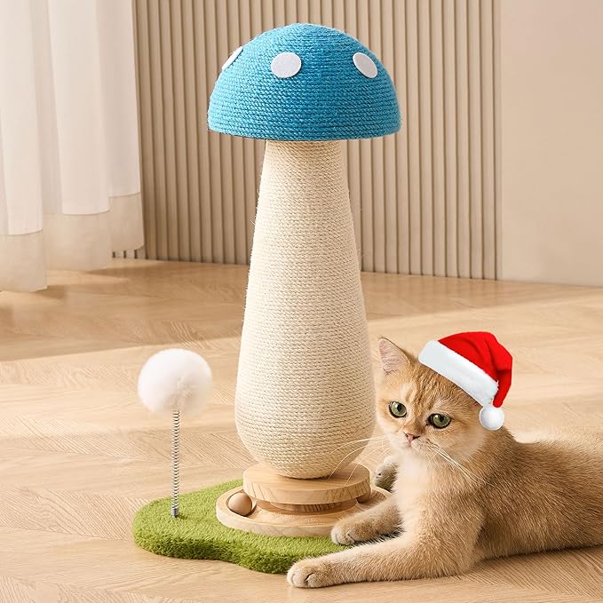 Mushroom Cat Scratching Post Cat Tree, 21.5‘’ H Cute Cat Scratcher Tower with Durable Solid Wood Turntable Toy, Mushroom Scratch Post Cat Sisal Scratcher with Catnip for Indoor Adult Cats-Blue