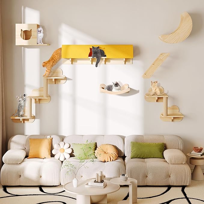 Cat Wall Shelves, 13-in-1 Solid Wood Wall-Mounted Cats Furniture Set with Scratching Post, Cat Climbing Wall Systems with 40''L Tunnel, Steps, Condos, House, Ladder, Cats Shelf Furniture