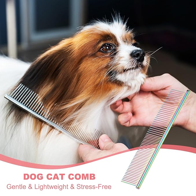 Dog Cat Comb, Pet Combs Stainless Steel Teeth with Rounded Ends for Knots Mats Loose Hair Removal, 7.5IN (Colorful Plated, 3 Pack), Grooming Tool Intended for Long Curly Hair Pet