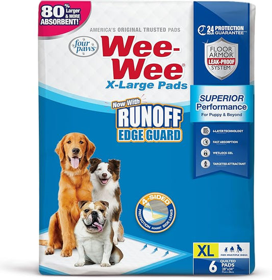 Four Paws Wee-Wee Superior Performance Pee Pads for Dogs with Runoff Barrier Edge Guard Protection, Puppy & Dog Potty Training Pads, Housebreaking Supplies, 28" x 34" (6 Count)