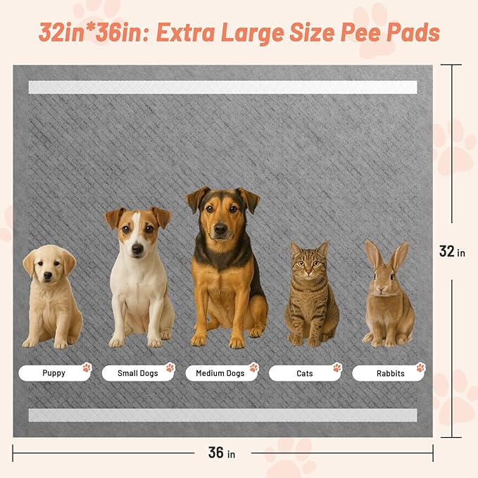 40PCS Charcoal Pee Pads for Dogs 32"x36", Extra Large Odor-Control Carbon Puppy Pads, Ultra-Absorbent & Quick Dry, Thicken Potty Training Pads for Doggie Cats Rabbits, Black Pet Piddle Pad