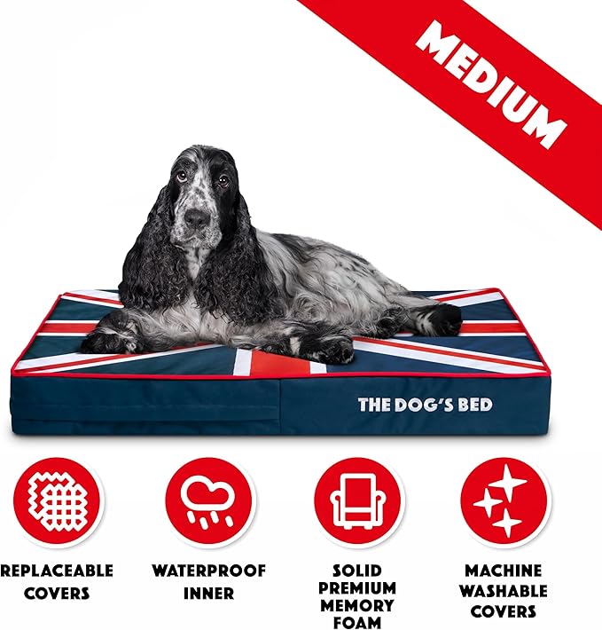 The Dog’s Bed Orthopedic Memory Foam Dog Bed, Medium Blue & Red Trim UK Center Flag, Pain Relief for Arthritis, Hip & Elbow Dysplasia, Post Surgery Supportive, Waterproof Washable, Veterinary Approved