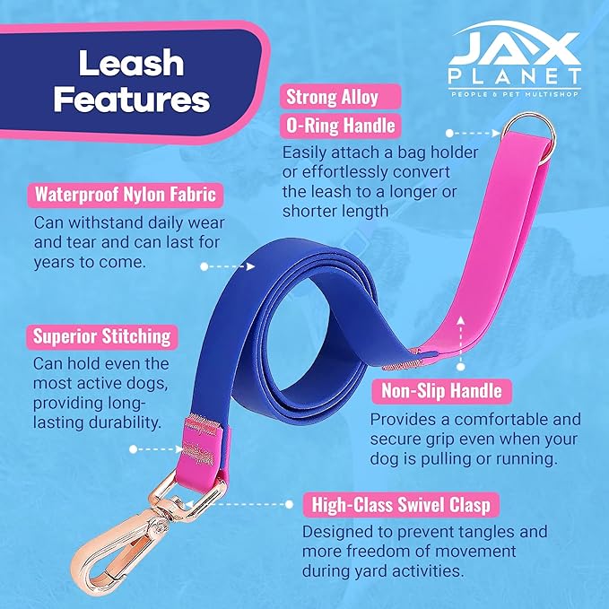 Jelly Colorful Dog Leash, Waterproof Training Leash for Walking, Hiking & Outdoor Activities, Non-Slip Grip, Anti-Odor Nylon Lead with Alloy O-Ring, Heavy Duty - M150, 5FT - Blue & Rose, M