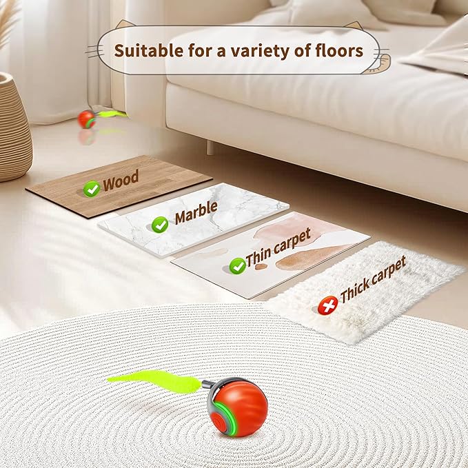 Interactive Cat Toy Ball-Motion-Activated Rolling Toy with 2 Feather Tails, 2 Speeds, USB Rechargeable, Smart Indoor Cat Toys to Keep Cats Active, Happy and Entertained (Orange)