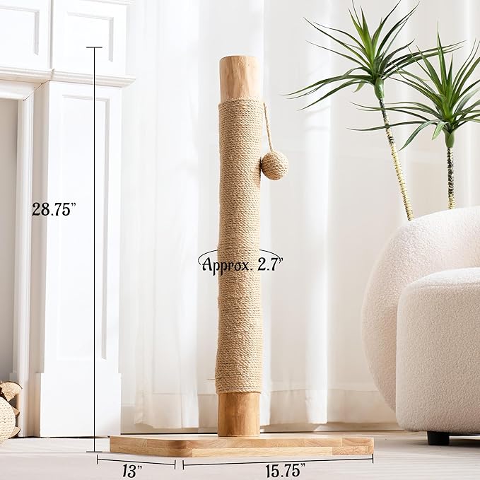29" Tall Cat Scratching Post for Indoor Cats Adults, Extra-Stable & Natural Solid Wood Scratching Post Sisal Scratcher with Hanging Funny Ball, Beige