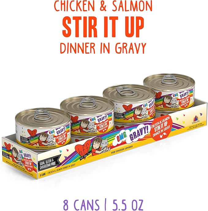 Weruva B.F.F. OMG - Best Feline Friend Oh My Gravy!, Chicken & Salmon Stir It Up with Chicken & Salmon in Gravy, 5.5oz Can (Pack of 8)