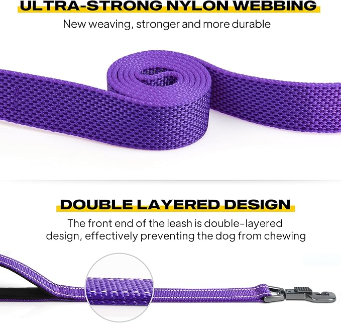 Fida 4 FT Heavy Duty Dog Leash with 2 Comfortable Padded Handles, Traffic Handle & Advanced Easy Snap Hook, Reflective Walking Lead for Large, Medium & Small Breed Dogs, Purple