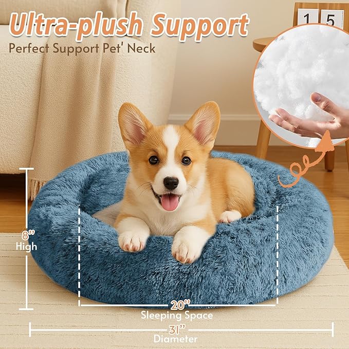 JOLLYVOGUE Calming Dog Bed Medium Size Dog, Anti-Anxiety Donut Medium Pet Bed, 31 inches Fluffy Faux Fur Round Cat Bed, Fits up to 45 lbs Pets (Blue)