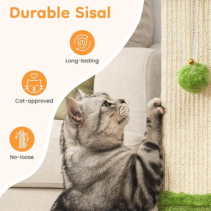 Indoor Cat Scratching Post: 32 In Tall Cat Scratcher with Natural Sisal Rope, Kitty Pet Tower with Sturdy Wood Base and Hanging Ball Toy, Great Gift for Small and Large kittens, LIght Green