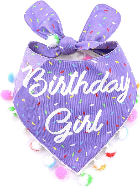 LunaMarie - Luxury Pet Birthday Bandanas -Premium & Silky Poly Fabric | 100% Handmade | Custom Shape Dual Layered (Birthday Girl Purple, X-Small)