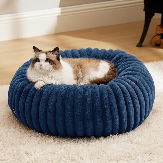 Bedsure Cat beds for Indoor Cats - Donut Dog Beds for Small Dogs with Corduroy Fleece & Anti Slip Bottom, Faux Fur Pet Beds with Washable Removable Cover, Night Blue, 20x20x6 inches