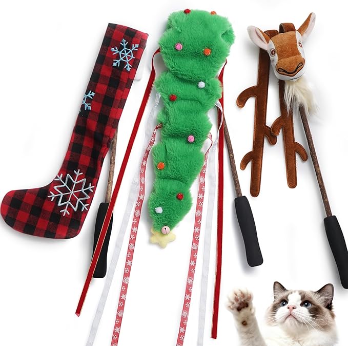 Nocciola 3 PCS Christmas Cat Wand Toys – Interactive Cat Christmas Toys Set with Reindeer, Tree and Santa Hat, Natural Catnip Toys and Silvervine Chew Sticks, Festive Teaser Wand for Kittens