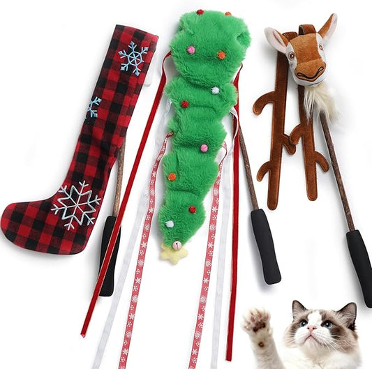 Nocciola 3 PCS Christmas Cat Wand Toys – Interactive Cat Christmas Toys Set with Reindeer, Tree and Santa Hat, Natural Catnip Toys and Silvervine Chew Sticks, Festive Teaser Wand for Kittens