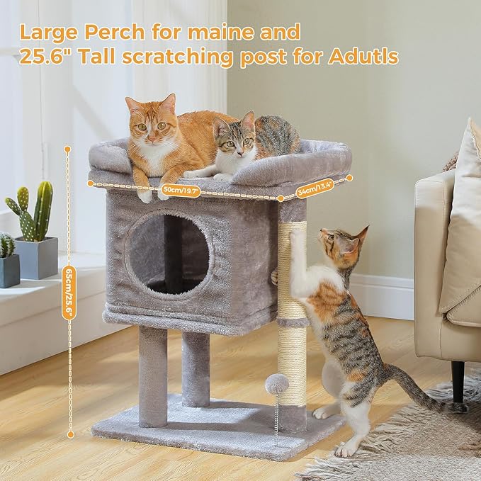PAWZ Road Cat Tree for Indoor Cats, 26 Inches Cat Tower with Large Perch, Private Condo, Small Cat Condo with Spring Ball & 2 Scratching Posts for Cats-Gray
