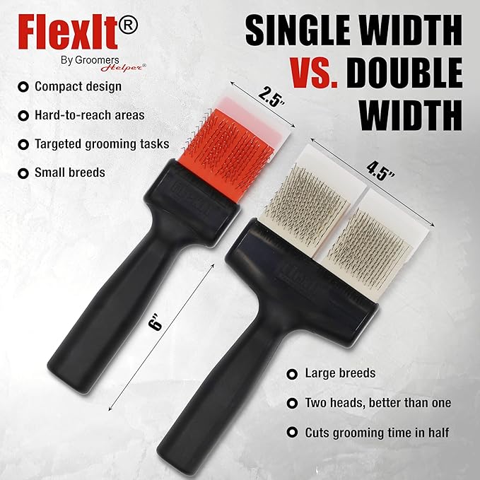 FlexIt Flexible Slicker Brush for Dogs - Professional 3-in-1 System & Video Trainings - Dual-Sided Dematting, Undercoating & Finishing Dog Grooming Brush by Groomers Helper (Single, Firm Flex)