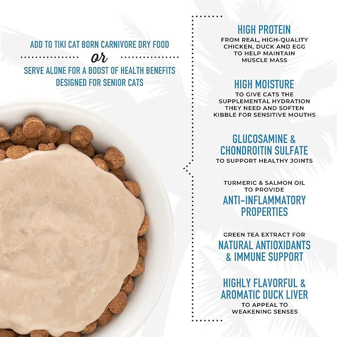 Tiki Cat Born Carnivore Functions Silver, Chicken & Duck Liver Recipe in Broth, High Protein Formulated for Senior Cat Diets, Mousse Cat Food Topper for Older Cats 11+, 1.5 oz. Pouch (12 Count)