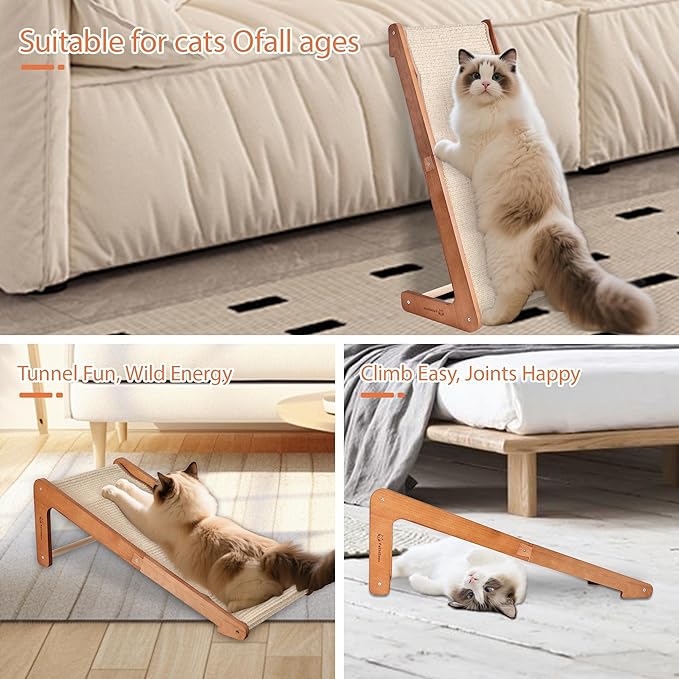 Extra-Larger-28.5" Sisal Cat Scratcher of L-Shaped Solid Wood Cat Scratching Post - Beechwood Base, Natural Sisal Woven Scratching Pad, Durable, Furniture Protector for Cats' Clawing and Play