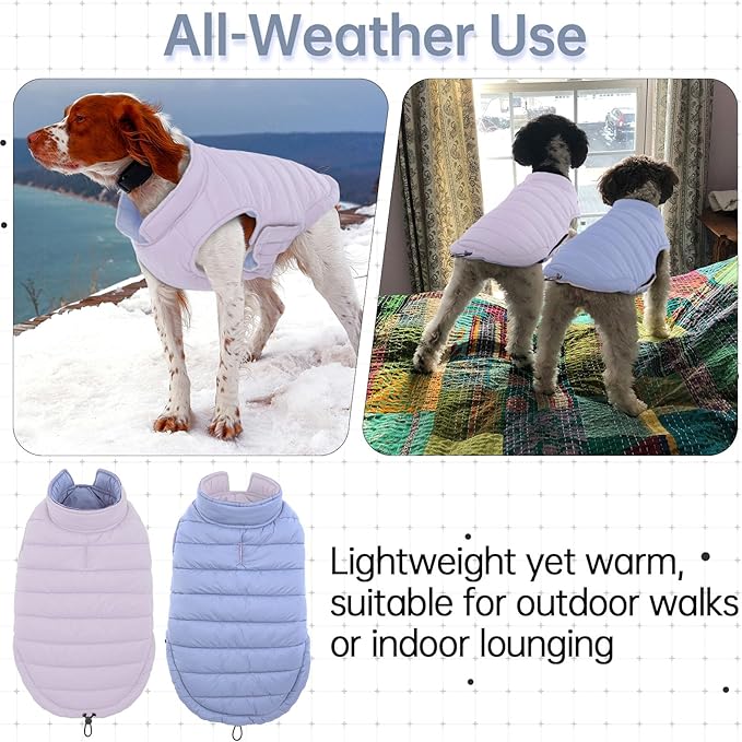 Lelepet Reversible Dog Coat Waterproof Dog Jacket Windproof Puffer Vest for Winter Warm Lightweight Coats for Medium Dogs Adjustbale Hook & Loop Pet Apparel with Leash Hole, French Bulldog, Purple L