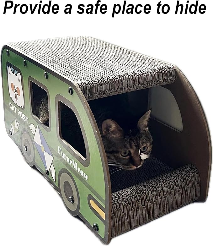 Cat Scratching House, Cat Cardboard House Green Bus, Long Scratching Post, 9x11.8x22 Inches, Fun Cube & Tunnel, Peekaboo Hideaway for Indoor Cats