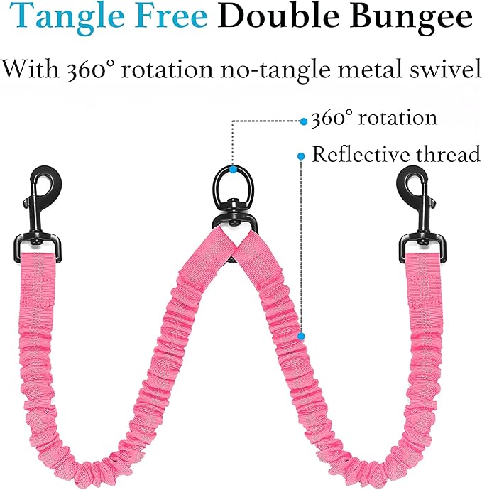iYoShop Dual Dog Leash - 360° Swivel, No Tangle Walking Leash with Shock Absorbing Bungee for Two Dogs (Large, 25-150 lbs, Pink)
