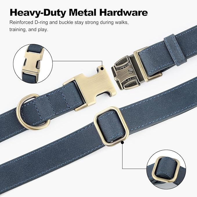 Plutus Pet Genuine Leather Dog Collar – Adjustable Pet Collar with Quick Release Metal Buckle, Soft Real Leather for Small Medium Large Dogs, Heavy Duty & Skin-Friendly (Blue, L)