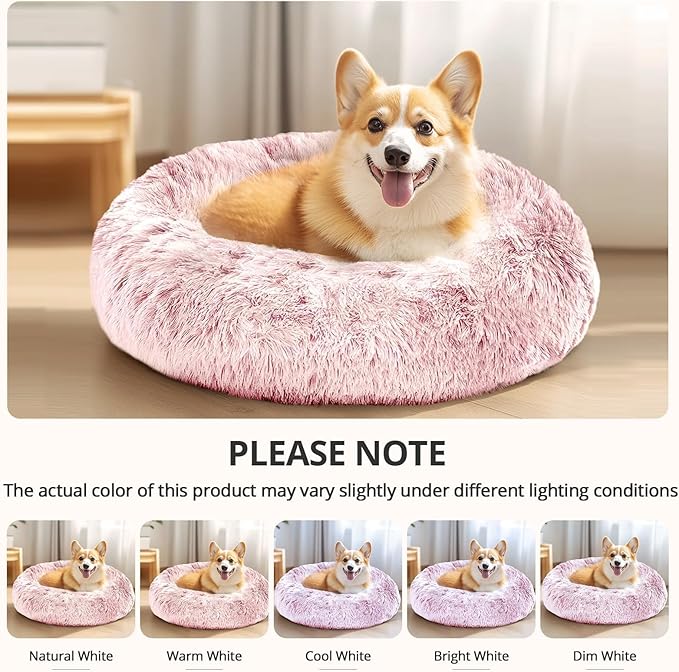 JOLLYVOGUE Calming Dog Bed for Small Dogs - 23 inches Donut Washable Small Dog Bed for Kittens & Puppies, Anti-Slip Round Fluffy Plush Faux Fur Cat Beds (Fits up to 25 lbs Pets, Smoke Pink)