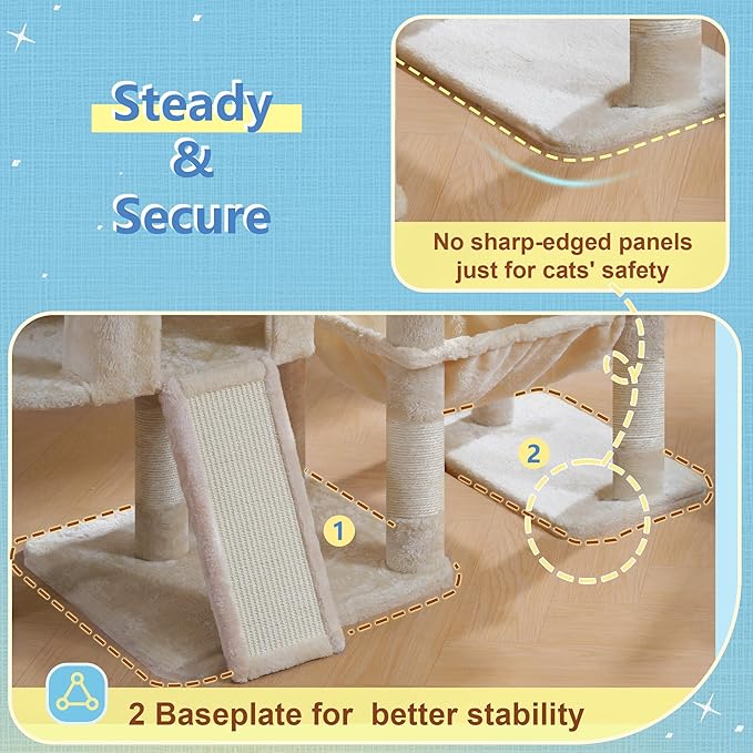 Hey-brother Cat Tree Tower, Scratching Posts with 3 Condos, Large Basket, Cozy Bed, Sisal Board, Step-by-Step Climbing Pathway and Toys, 74.8 inches Furniture for Big Indoor Cats, Beige MPJ081M