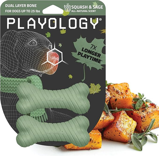 Playology Dog Toys | Dual Layer Bone Durable Chew Toy Bone for Dogs, Value 2-Pack | Small Butternut Squash Scented Toy - Limited Edition Fall Scent | Easy to Clean and Made from Non Toxic Materials