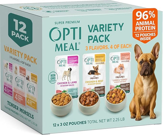 Optimeal Wet Dog Food Small Breed Variety Pack - Grain Free Recipe High Protein Tender Morsels in Aspic Made with Natural Ingredients for Adult Dogs, Premium Nutrition Pouches - 3oz Pouch (Pack of 12)