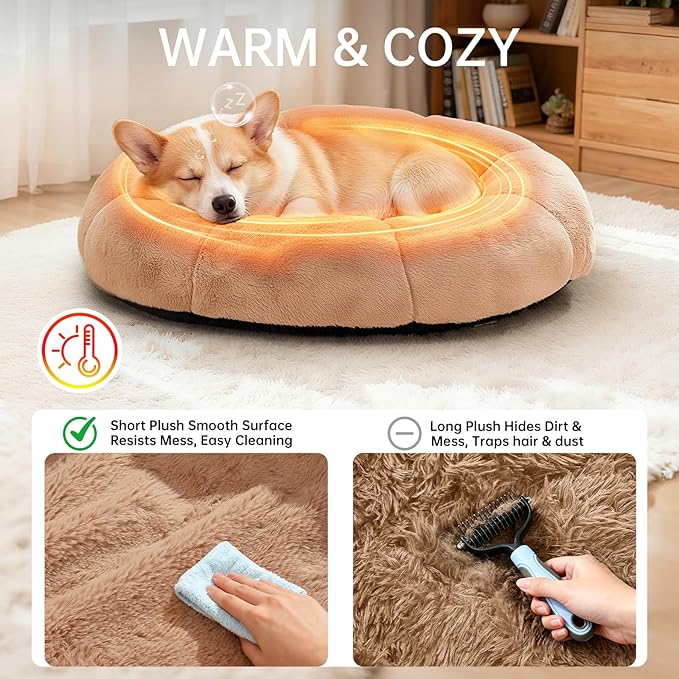 OhGeni 31 inches Calming Donut Orthopedic Dog & Cat Bed for Medium Pets, Warming Comfort Fluffy Short Pile Fur, Durable Waterproof Machine Washable Removable Cover, Cute Round Bed for Puppy, Camel
