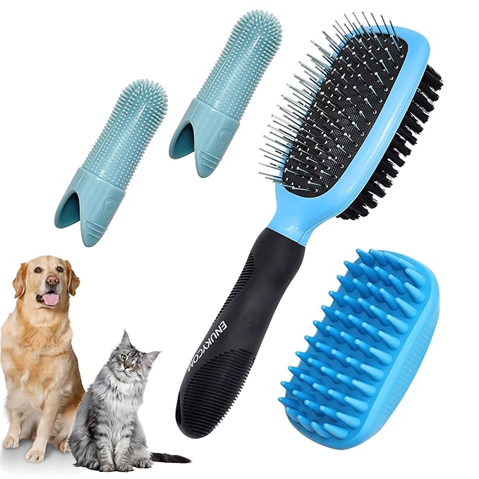 Double-Sided Pet Dog Cat Brush for Detangling Deshedding & Removing Small Mats plus Rubber Dog Bath Brush for Grooming, Shedding, Massage & Skin Care Brush - Best Pet Detangler Brushes