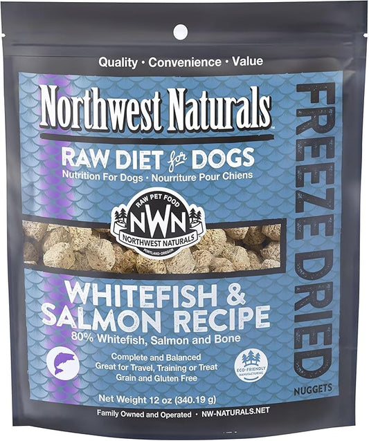 Northwest Naturals Freeze-Dried Whitefish & Salmon Dog Food - Bite-Sized Nuggets - Grain-Free, High-Protein, Raw Diet, Human-Grade Ingredients, All Natural, Omega-3 for Skin & Coat, Made in USA, 12 Oz