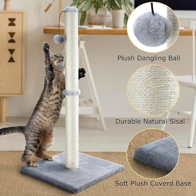 Dimaka 29" Height Tall Cat Scratching Post, Claw Scratcher with Sisal Rope and Covered with Soft Smooth Plush, Vertical Scratch [Full Strectch] for Standard Size Cats(Grey, 29 inches for All Cats)