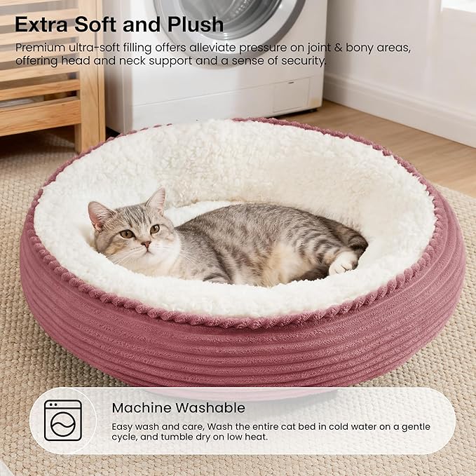 Love's cabin Round Donut Cat and Dog Cushion Bed, 20in Pet Bed for Cats or Small Dogs, Anti-Slip & Water-Resistant Bottom, Super Soft Durable Fabric Pet beds, Washable Luxury Bed Dusty Rose Stripe