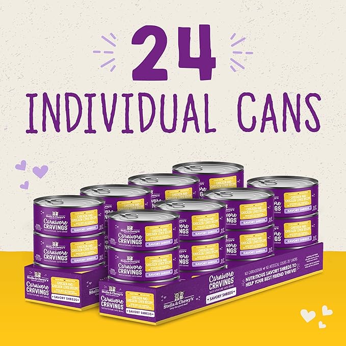 Stella & Chewy's Carnivore Cravings Savory Shreds - Wet Cat Food - High-Moisture Formula with Premium Cage-Free Chicken & Chicken Liver - Perfect for Picky Eaters - 2.8 oz, 24 Count