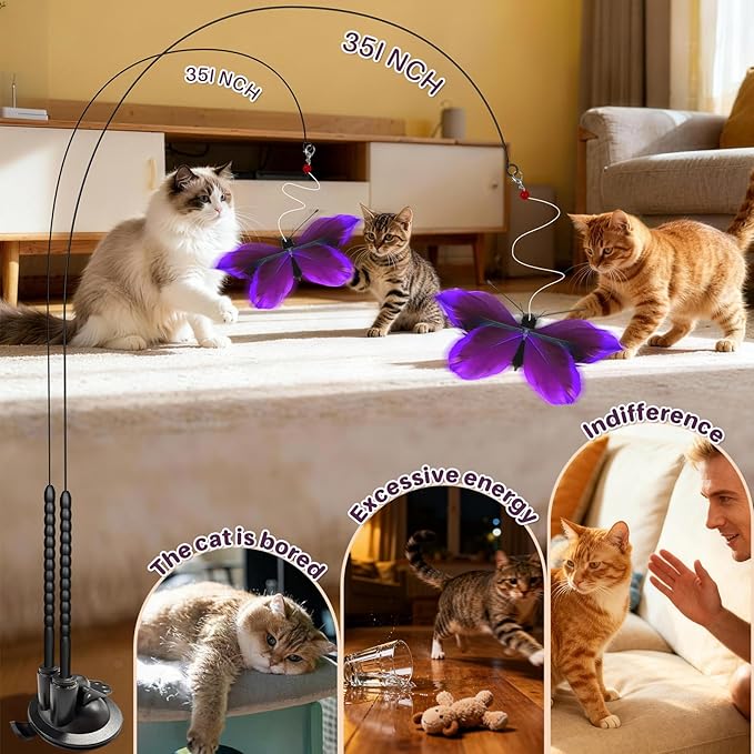 Walfront Cat Toys for Cats with 2PCS Butterfly Attachments, Dual Suction Base, Interactive & Solo Play Modes, Ideal for Multi-Cat Homes, Training & Bonding, Purple - Fun and Engaging for All Cats