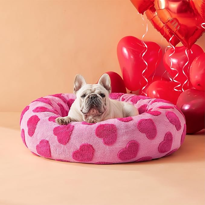 LE SURE Donut Medium Dog Bed - Round Cat Beds Indoor Calming Gift for Pets, Washable Cute Modern Beds with Jacquard Shaggy Plush & Anti Slip Bottom, 30 Inch, Heart Pink