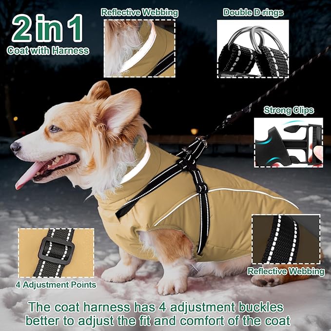 Fragralley Dog Coat with Harness Built in, Waterproof Windproof Reflective Warm Puffer Jacket, Fleece Lined Vest Winter Parka for Small, Medium, Large Dogs