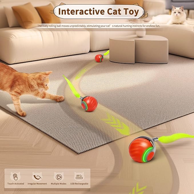 Interactive Cat Toy Ball-Motion-Activated Rolling Toy with 2 Feather Tails, 2 Speeds, USB Rechargeable, Smart Indoor Cat Toys to Keep Cats Active, Happy and Entertained (Orange)
