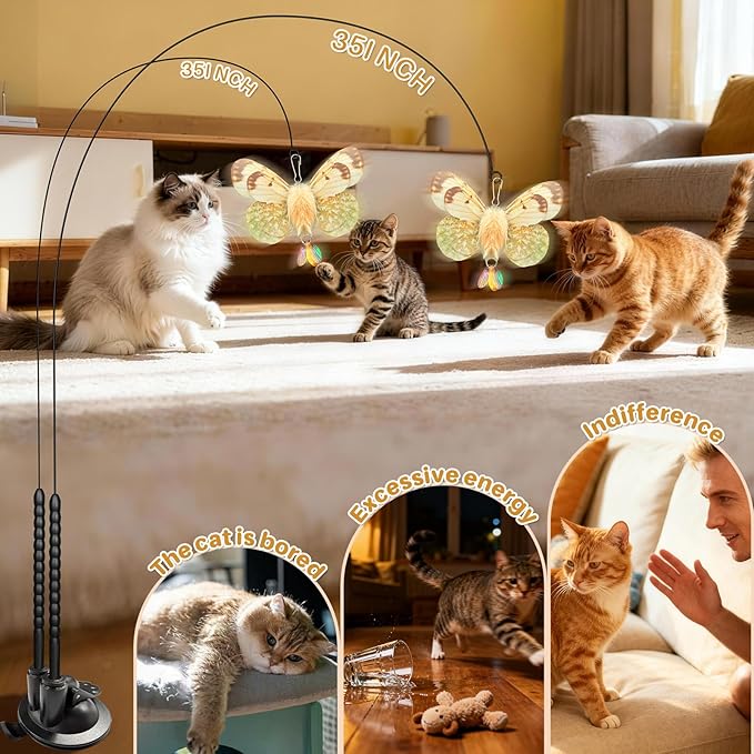 Walfront Interactive Cat Wand Toy with Butterfly Attachments, Durable Dual-Head Base, Replaceable Heads, Hands-Free Self-Play Indoor Entertainment for Kittens & Adult Cats