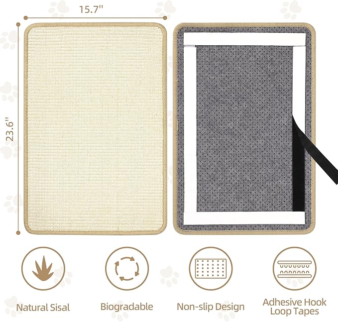 White Cat Scratching Mat Sisal, 2 Packs Sisal Fabric Large Cat Scratching Pad for Indoor Cats with Adhesive Hook Loop Tape, Wall Scratchers for Indoor Cats 23.6" x 15.7"