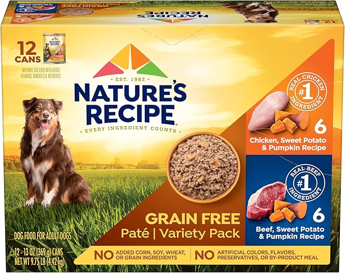 Nature’s Recipe Grain Free Wet Dog Food Paté Variety Pack Chicken and Beef Recipes with Sweet Potato & Pumpkin, 13oz. Cans (Pack of 12 Cans)
