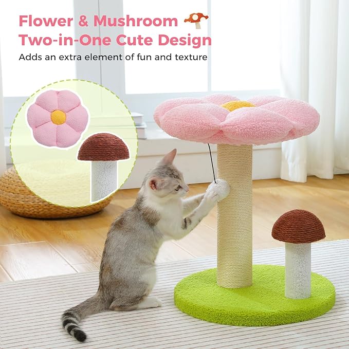 PETEPELA Cat Scratching Post, Mushroom Cat Scratcher Cute Cat Tree Tower with Thick Scratching Post & Removable Flower Cats Bed [Dia=15.7''], Tall Post for Kittens and Indoor, Pink