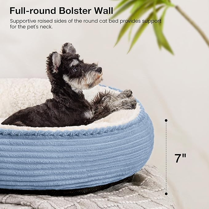 Love's cabin Round Donut Cat and Dog Cushion Bed, 25in Pet Bed for Small or Medium Dogs, Anti-Slip & Water-Resistant Bottom, Soft Durable Fabric Pet Beds, Washable Calming Cat Bed Sky Blue Stripe