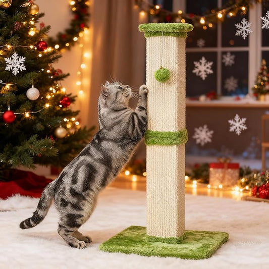 Indoor Cat Scratching Post: 32 In Tall Cat Scratcher with Natural Sisal Rope, Kitty Pet Tower with Sturdy Wood Base and Hanging Ball Toy, Great Gift for Small and Large kittens, LIght Green