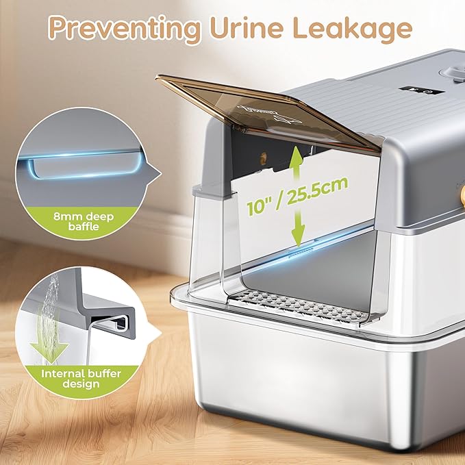 L7 Ultra-Stainless Steel Litter Box with Smart Odor Control System, XXL Extra Large Enclosed Metal Cat Litter Box with Lid for Kitty&Big Cats, High Sided Enclosure with Scoop & Mat, Anti-Leakage-Grey