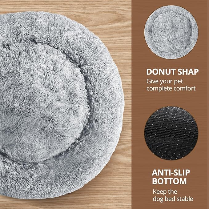 JOLLYVOGUE Calming Dog Bed Medium Size Dog, Anti-Anxiety Donut Medium Pet Bed, 27 inches Fluffy Faux Fur Round Cat Bed (Smoke Grey)