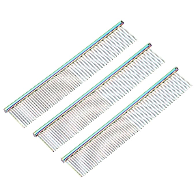 Dog Cat Comb, Pet Combs Stainless Steel Teeth with Rounded Ends for Knots Mats Loose Hair Removal, 7.5IN (Colorful Plated, 3 Pack), Grooming Tool Intended for Long Curly Hair Pet