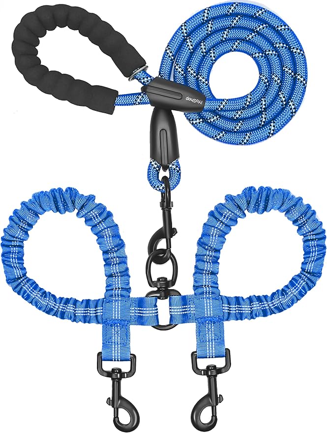 iYoShop Dual Dog Leash - 360° Swivel, No Tangle Walking Leash with Shock Absorbing Bungee for Two Dogs (Large, 25-150 lbs, Royal Blue)